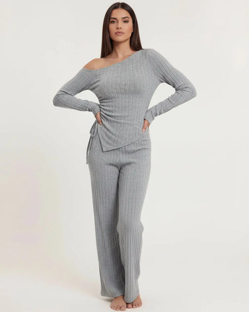 Solid Asymmetry Ribbed Knit Lounge Set OMFORT