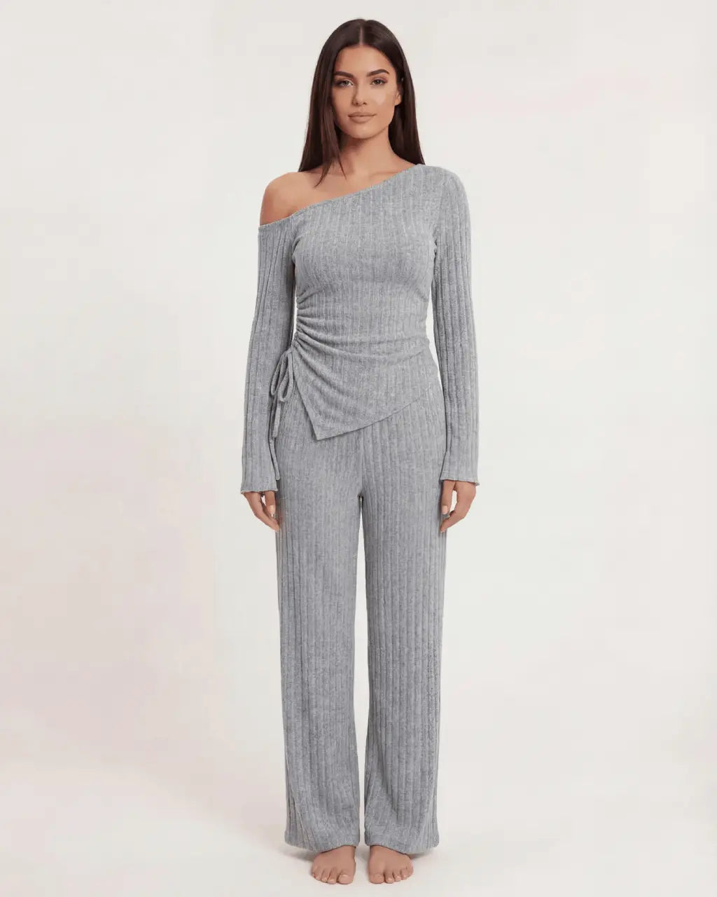 Solid Asymmetry Ribbed Knit Lounge Set OMFORT