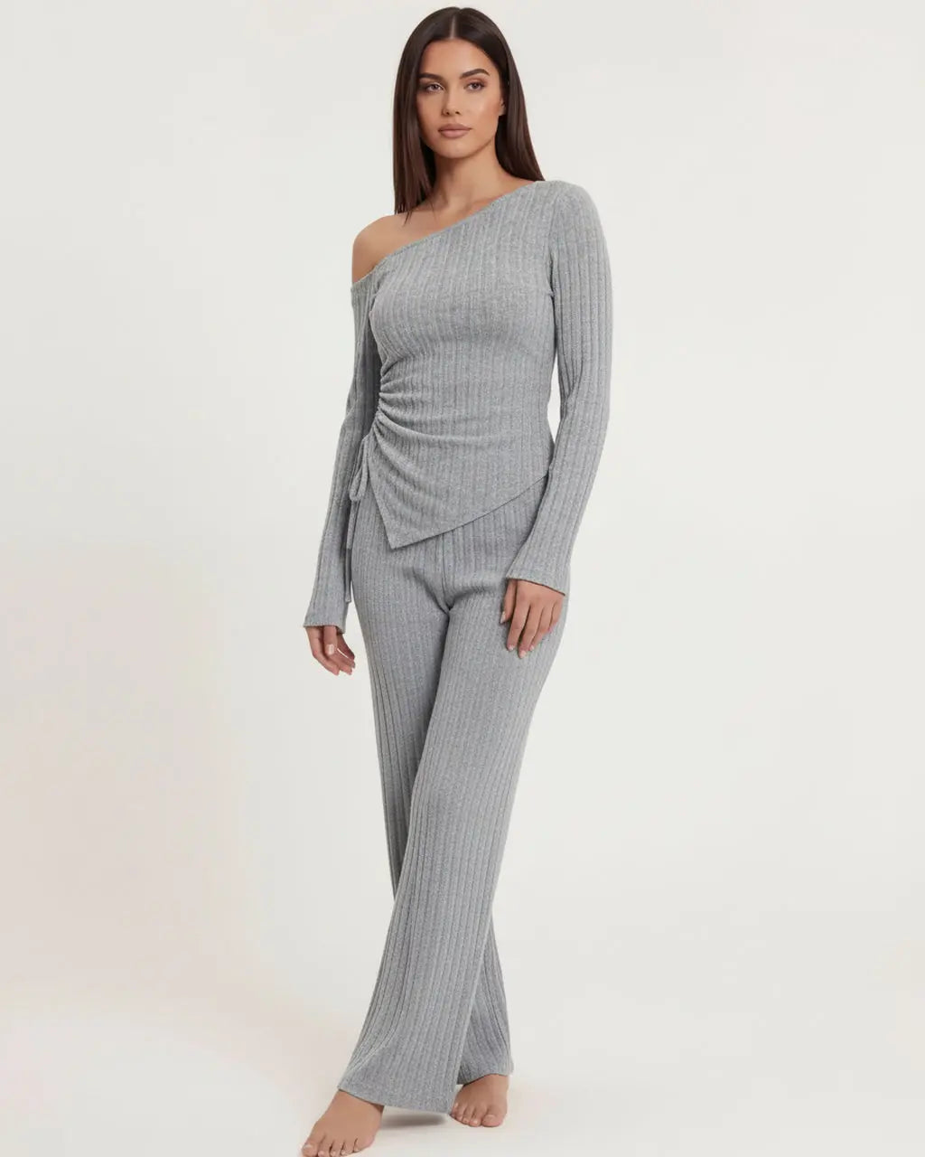 Solid Asymmetry Ribbed Knit Lounge Set OMFORT