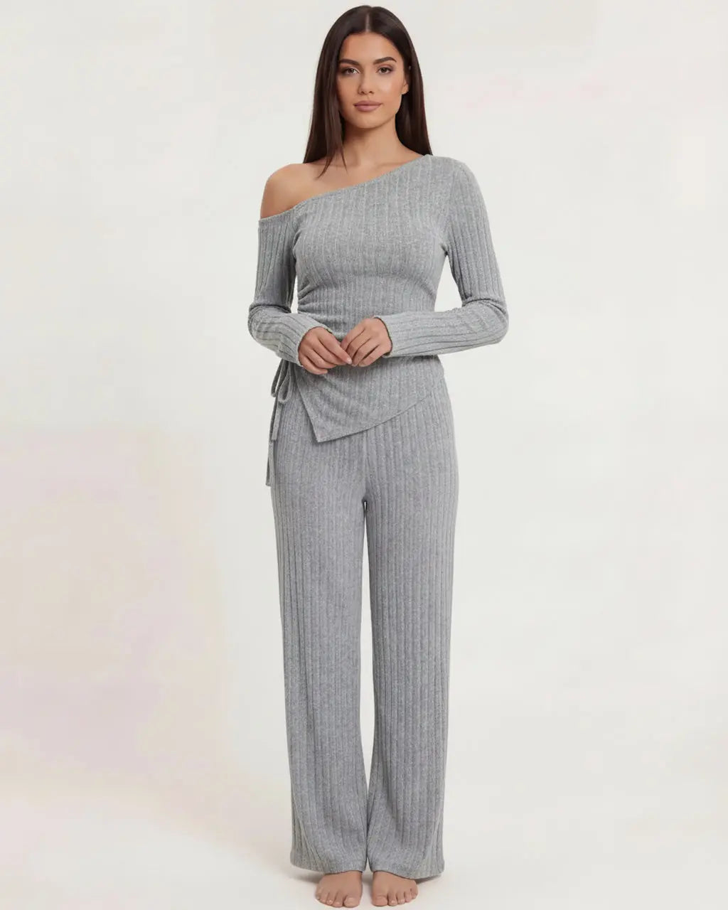 Solid Asymmetry Ribbed Knit Lounge Set OMFORT