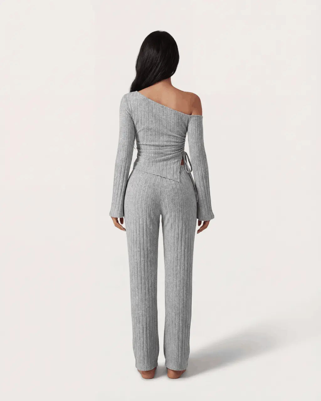 Solid Asymmetry Ribbed Knit Lounge Set OMFORT