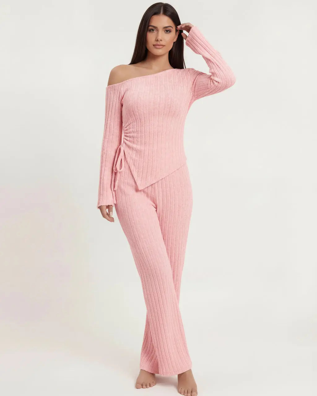 Solid Asymmetry Ribbed Knit Lounge Set OMFORT