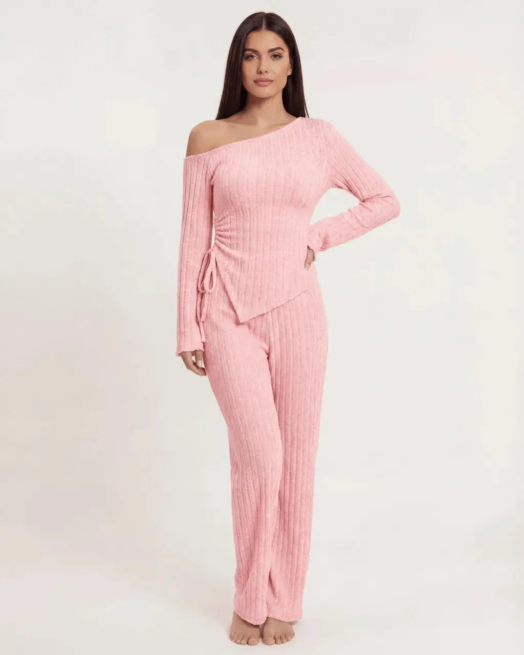 Solid Asymmetry Ribbed Knit Lounge Set OMFORT