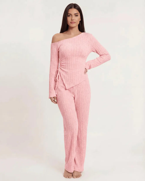 Solid Asymmetry Ribbed Knit Lounge Set OMFORT