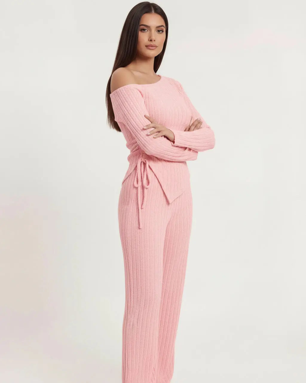 Solid Asymmetry Ribbed Knit Lounge Set OMFORT