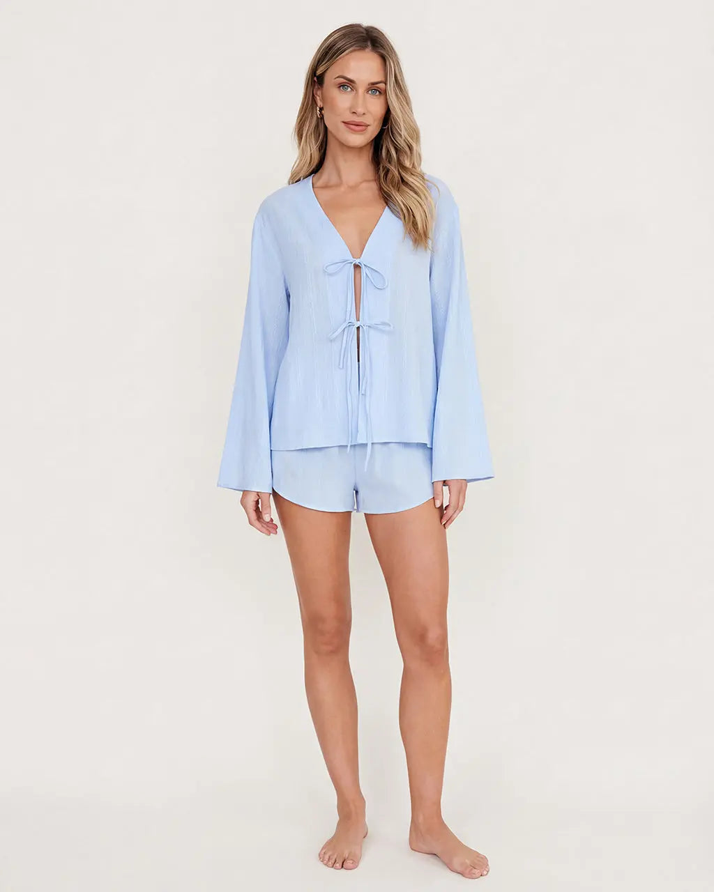 Tie Open Front Top And Shorts Lounge Set - OMFORT