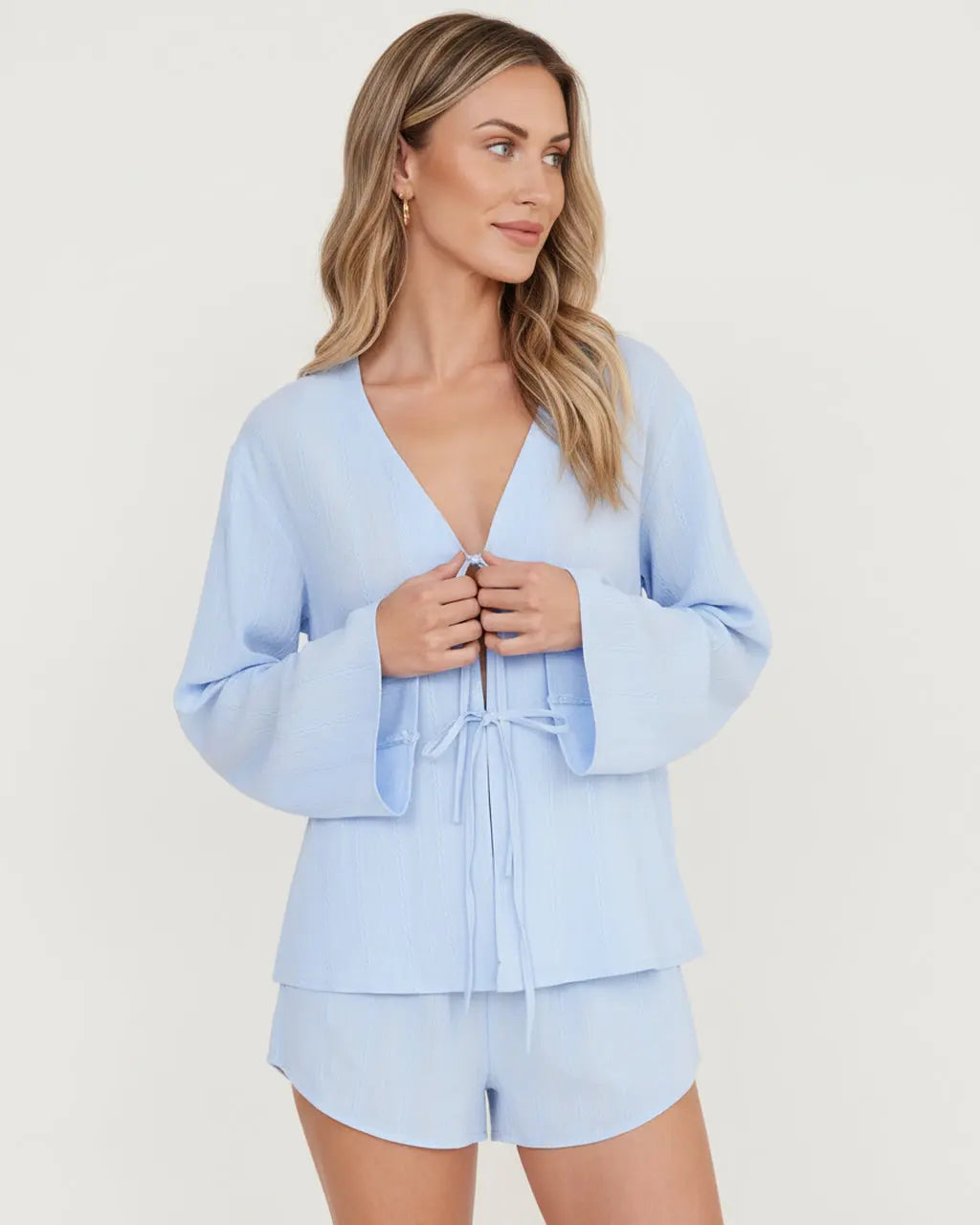 Tie Open Front Top And Shorts Lounge Set - OMFORT