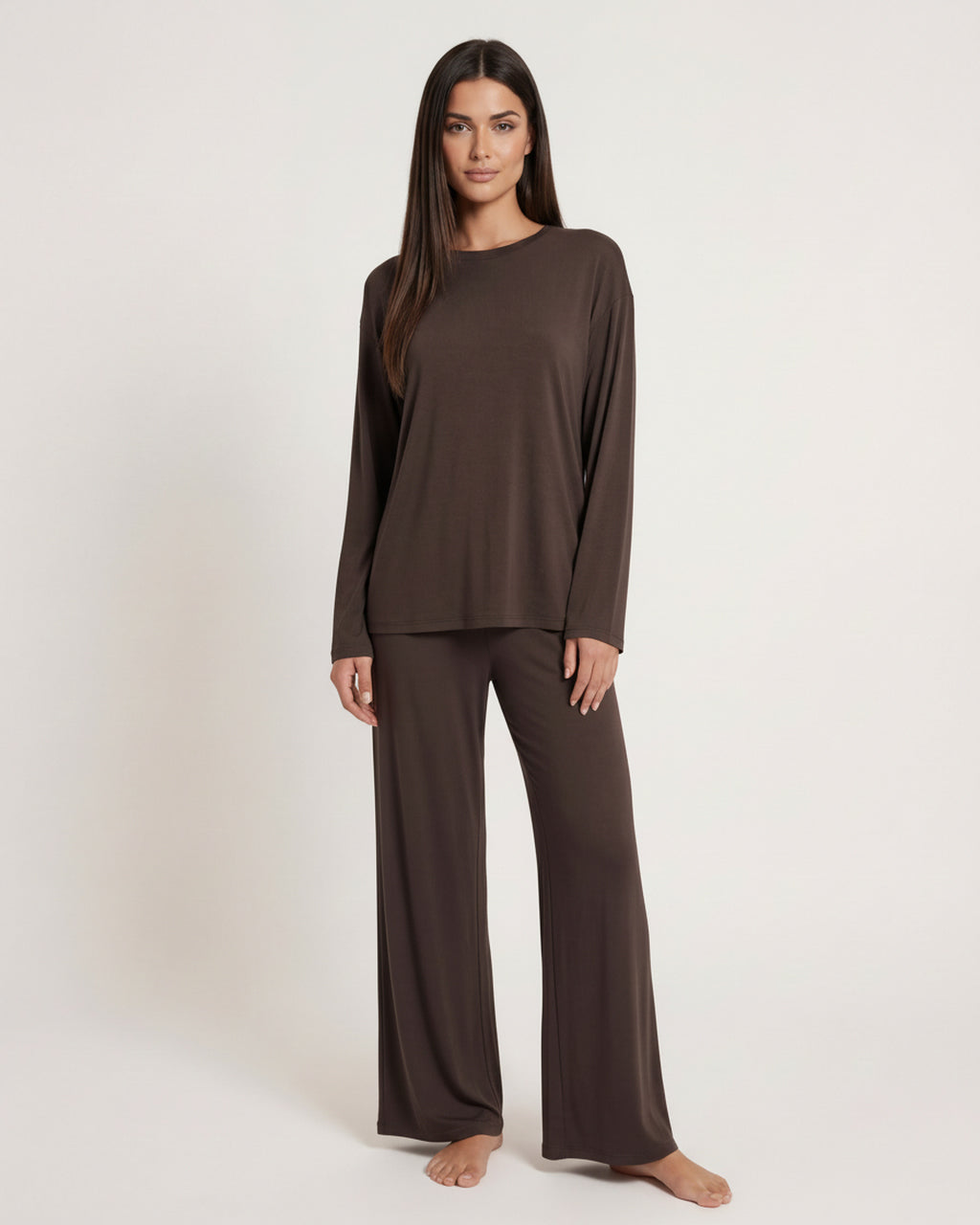 Solid Color Round Neck Lounge Set - OMFORT