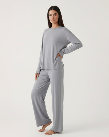 Solid Color Round Neck Lounge Set - OMFORT