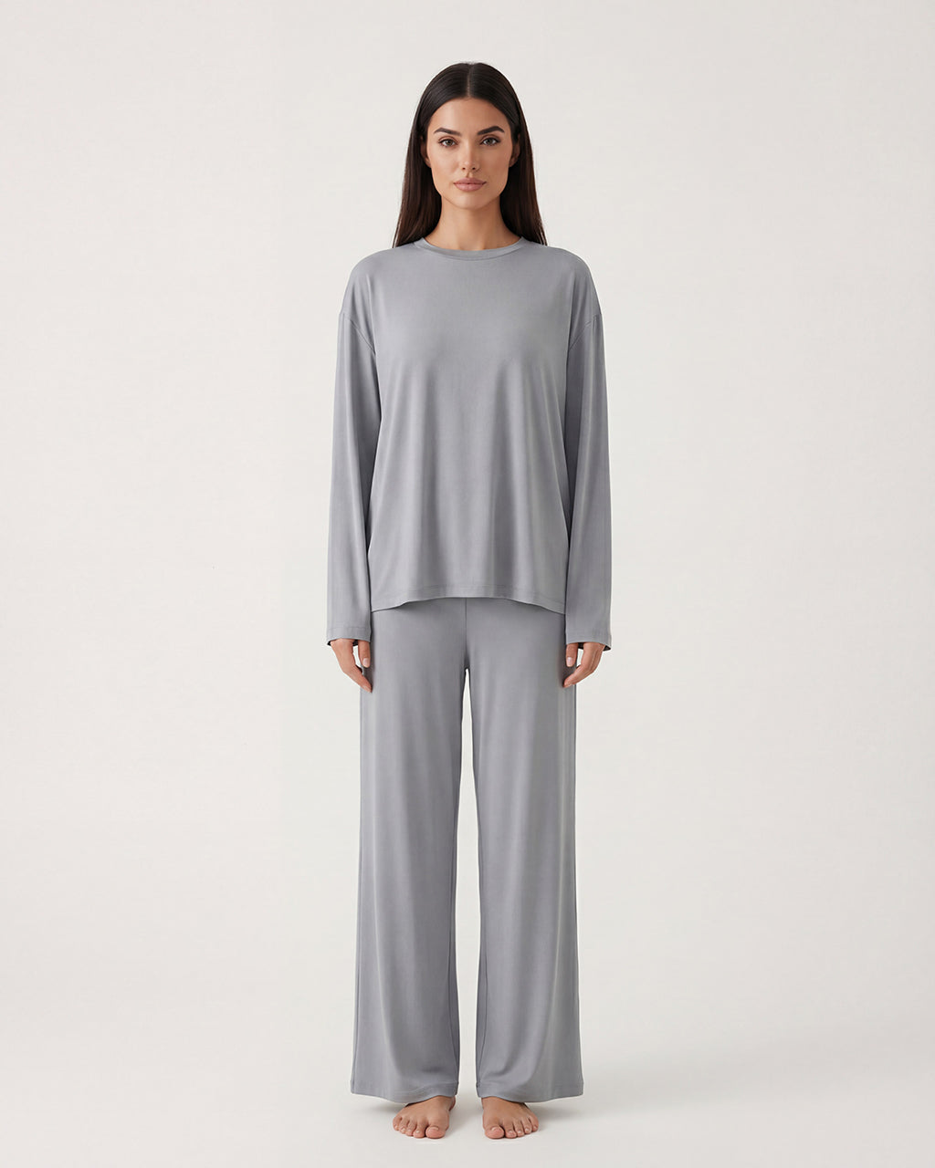 Solid Color Round Neck Lounge Set - OMFORT