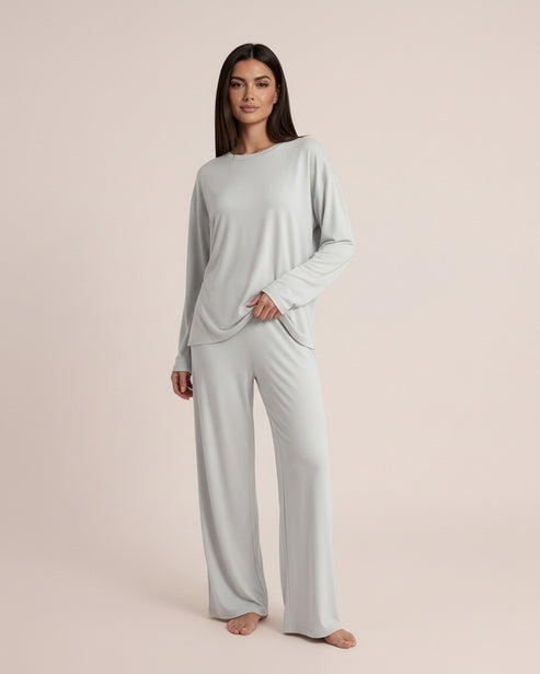 Solid Color Round Neck Lounge Set - OMFORT