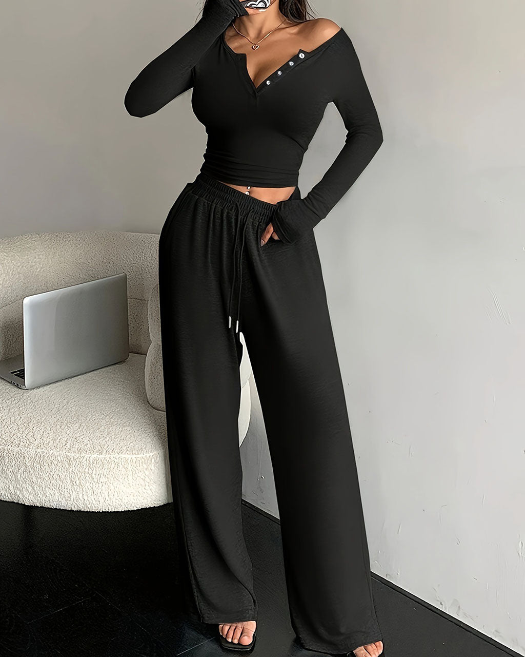 Solid Color Button Placket Crop Top And Pant Lounge Set - OMFORT