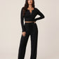 Solid Color Button Placket Crop Top And Pant Lounge Set - OMFORT