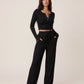 Solid Color Button Placket Crop Top And Pant Lounge Set - OMFORT