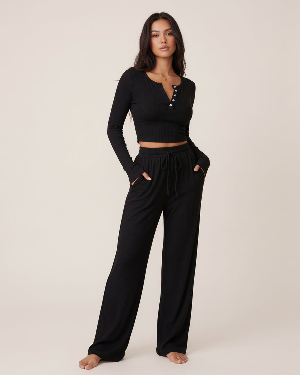 Solid Color Button Placket Crop Top And Pant Lounge Set - OMFORT