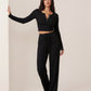 Solid Color Button Placket Crop Top And Pant Lounge Set - OMFORT