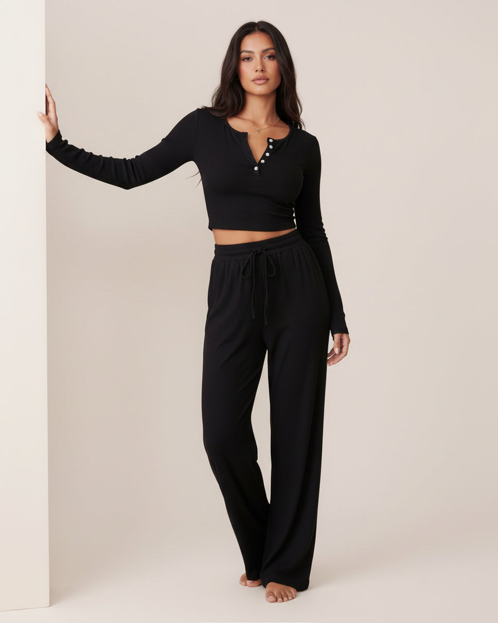 Solid Color Button Placket Crop Top And Pant Lounge Set - OMFORT