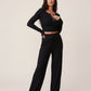 Solid Color Button Placket Crop Top And Pant Lounge Set - OMFORT