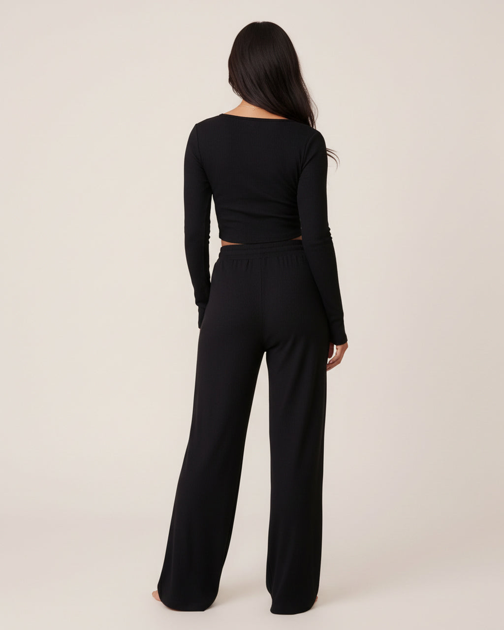 Solid Color Button Placket Crop Top And Pant Lounge Set - OMFORT