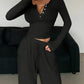 Solid Color Button Placket Crop Top And Pant Lounge Set - OMFORT