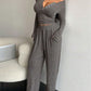 Solid Color Button Placket Crop Top And Pant Lounge Set - OMFORT