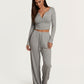Solid Color Button Placket Crop Top And Pant Lounge Set - OMFORT