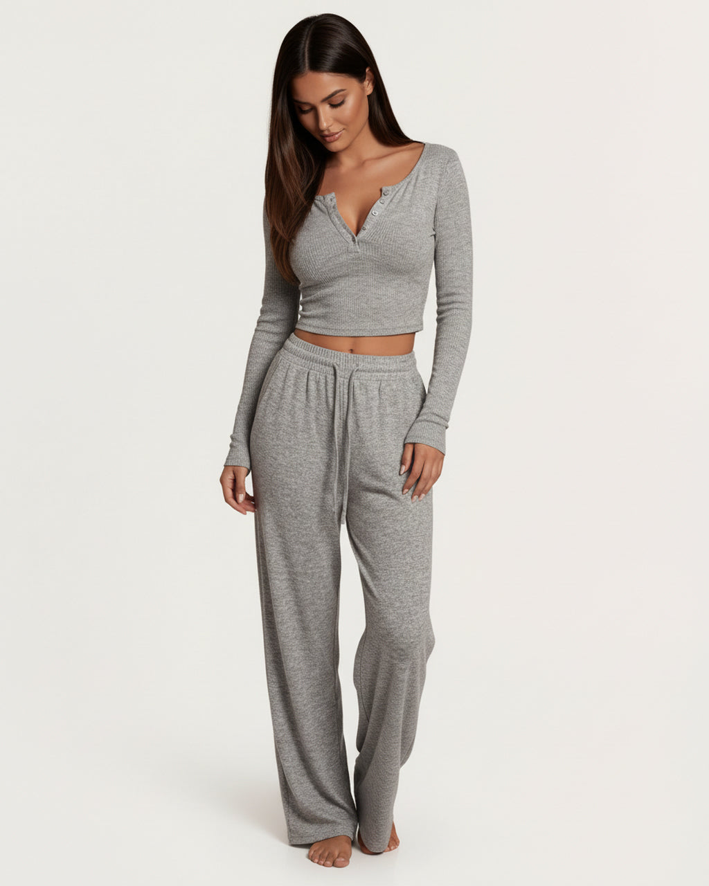 Solid Color Button Placket Crop Top And Pant Lounge Set - OMFORT