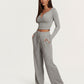 Solid Color Button Placket Crop Top And Pant Lounge Set - OMFORT