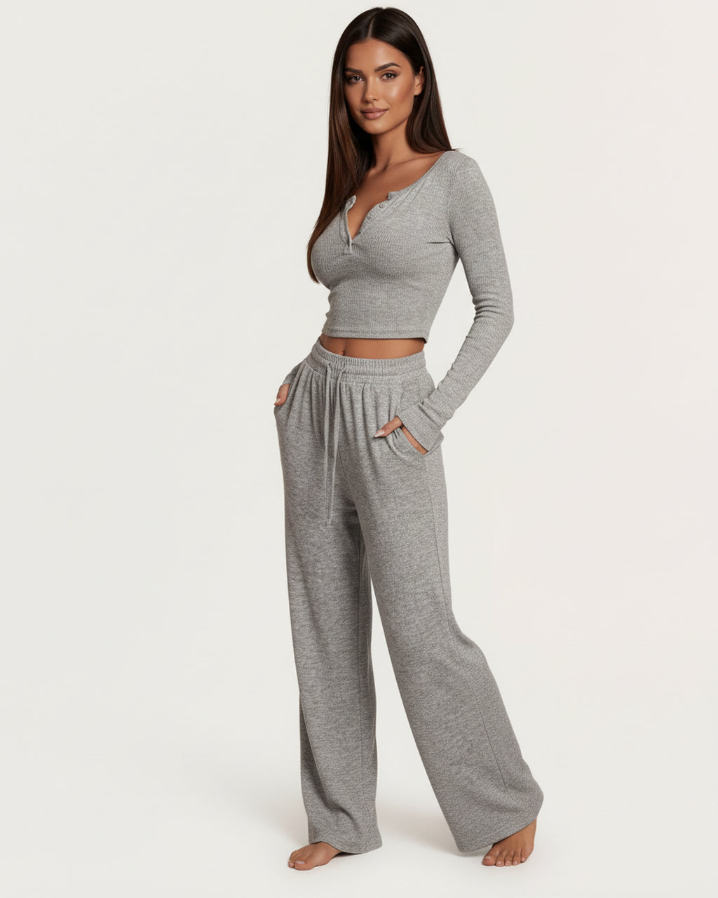 Solid Color Button Placket Crop Top And Pant Lounge Set - OMFORT