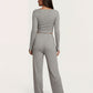 Solid Color Button Placket Crop Top And Pant Lounge Set - OMFORT