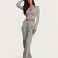 Solid Color Button Placket Crop Top And Pant Lounge Set - OMFORT