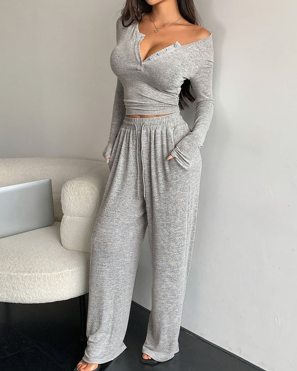Solid Color Button Placket Crop Top And Pant Lounge Set - OMFORT