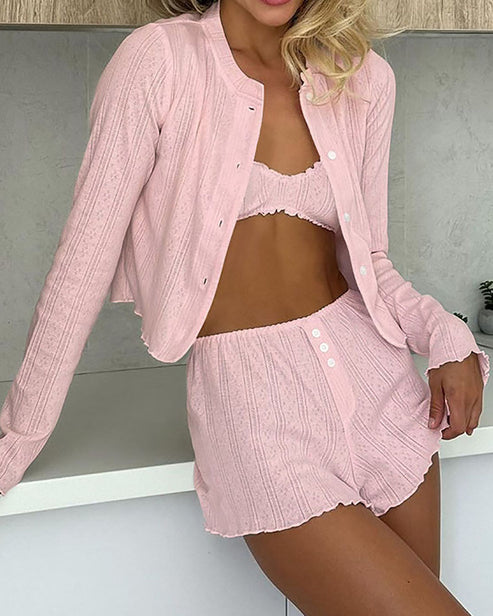 Solid Sheer Mesh Tops And Shorts 3Pcs Lounge Set - OMFORT