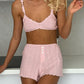 Solid Sheer Mesh Tops And Shorts 3Pcs Lounge Set - OMFORT