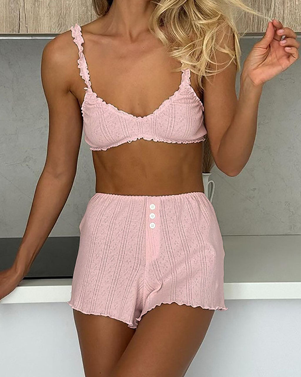 Solid Sheer Mesh Tops And Shorts 3Pcs Lounge Set - OMFORT