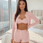 Solid Sheer Mesh Tops And Shorts 3Pcs Lounge Set - OMFORT