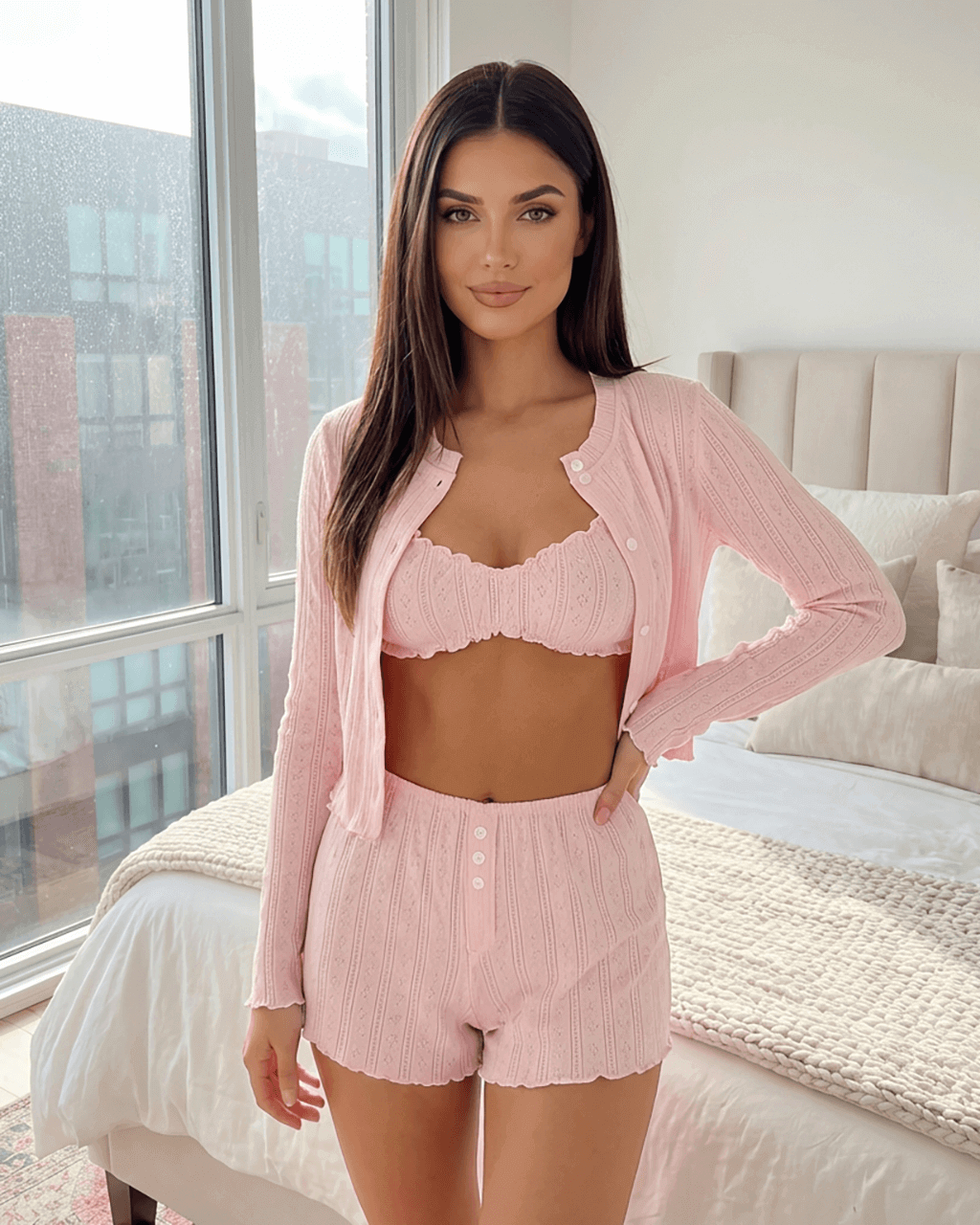 Solid Sheer Mesh Tops And Shorts 3Pcs Lounge Set - OMFORT