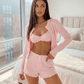 Solid Sheer Mesh Tops And Shorts 3Pcs Lounge Set - OMFORT