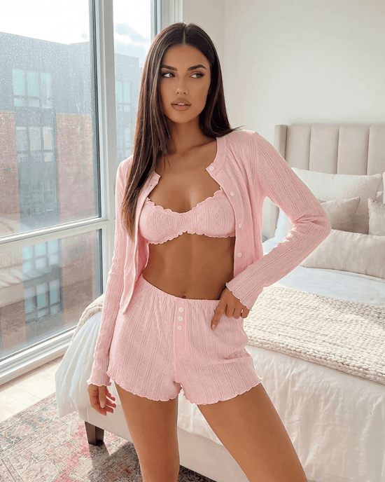 Solid Sheer Mesh Tops And Shorts 3Pcs Lounge Set - OMFORT