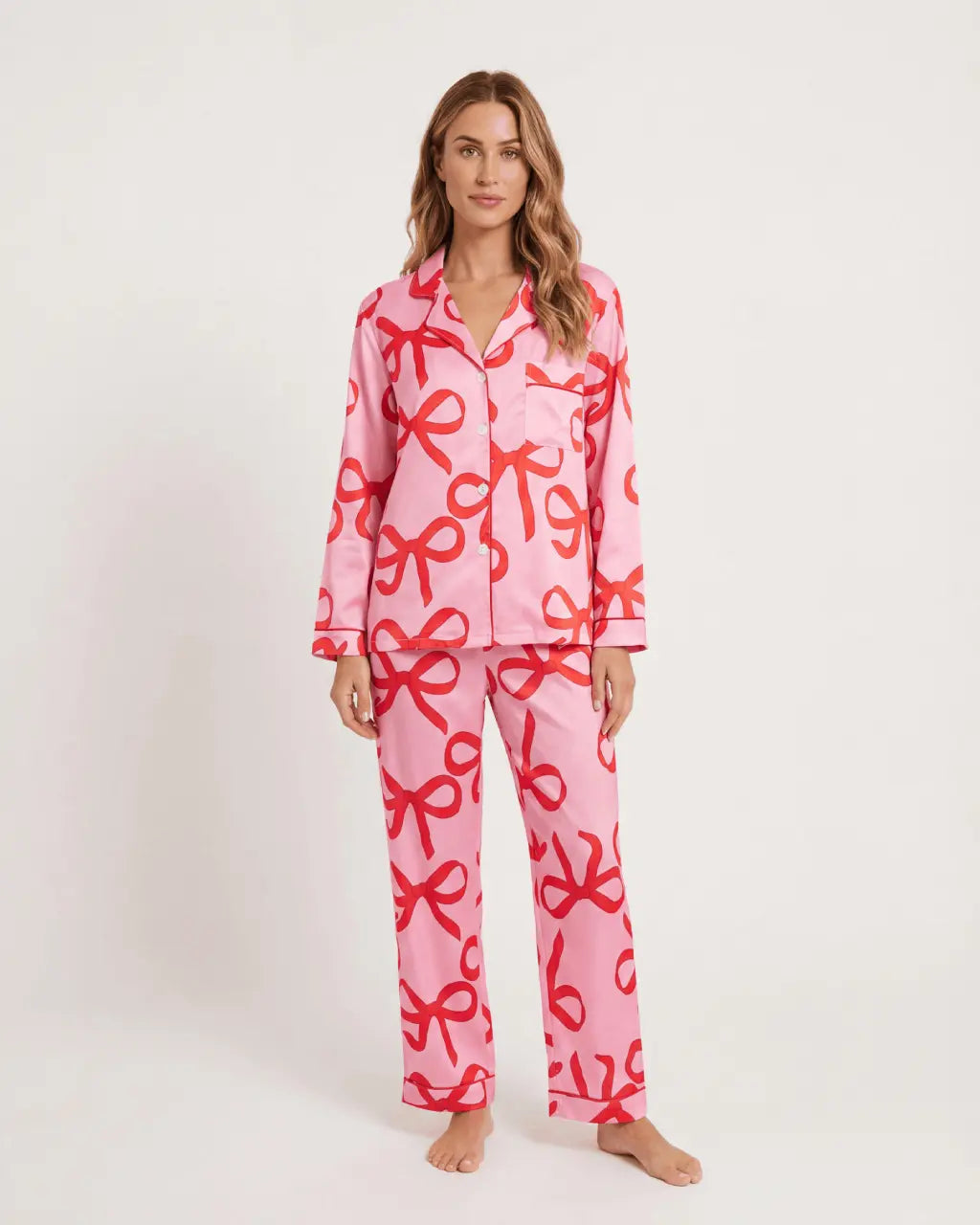 Pink Bow Print Button Up Pajama Set OMFORT