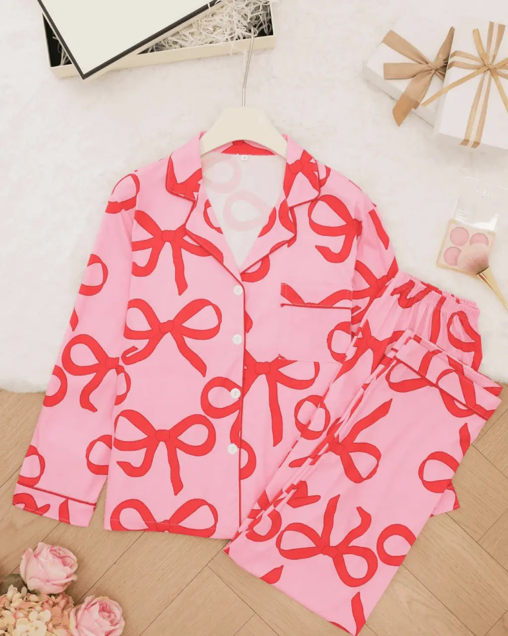 Pink Bow Print Button Up Pajama Set OMFORT