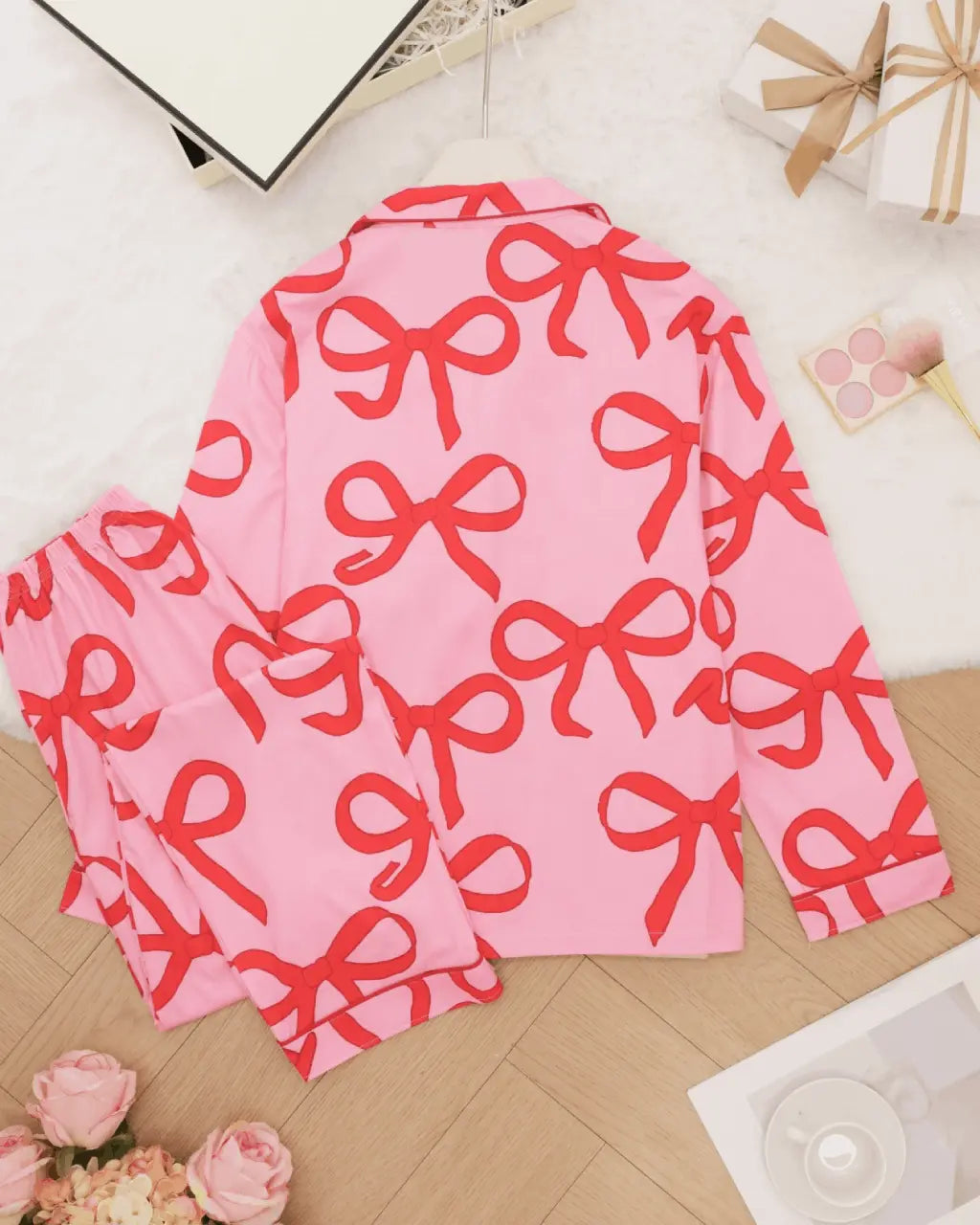 Pink Bow Print Button Up Pajama Set OMFORT