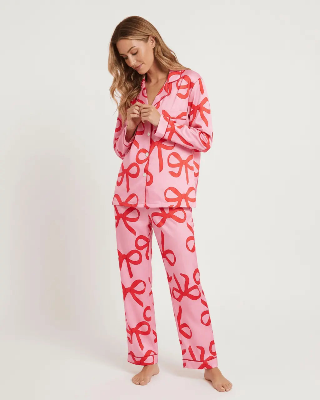 Pink Bow Print Button Up Pajama Set OMFORT