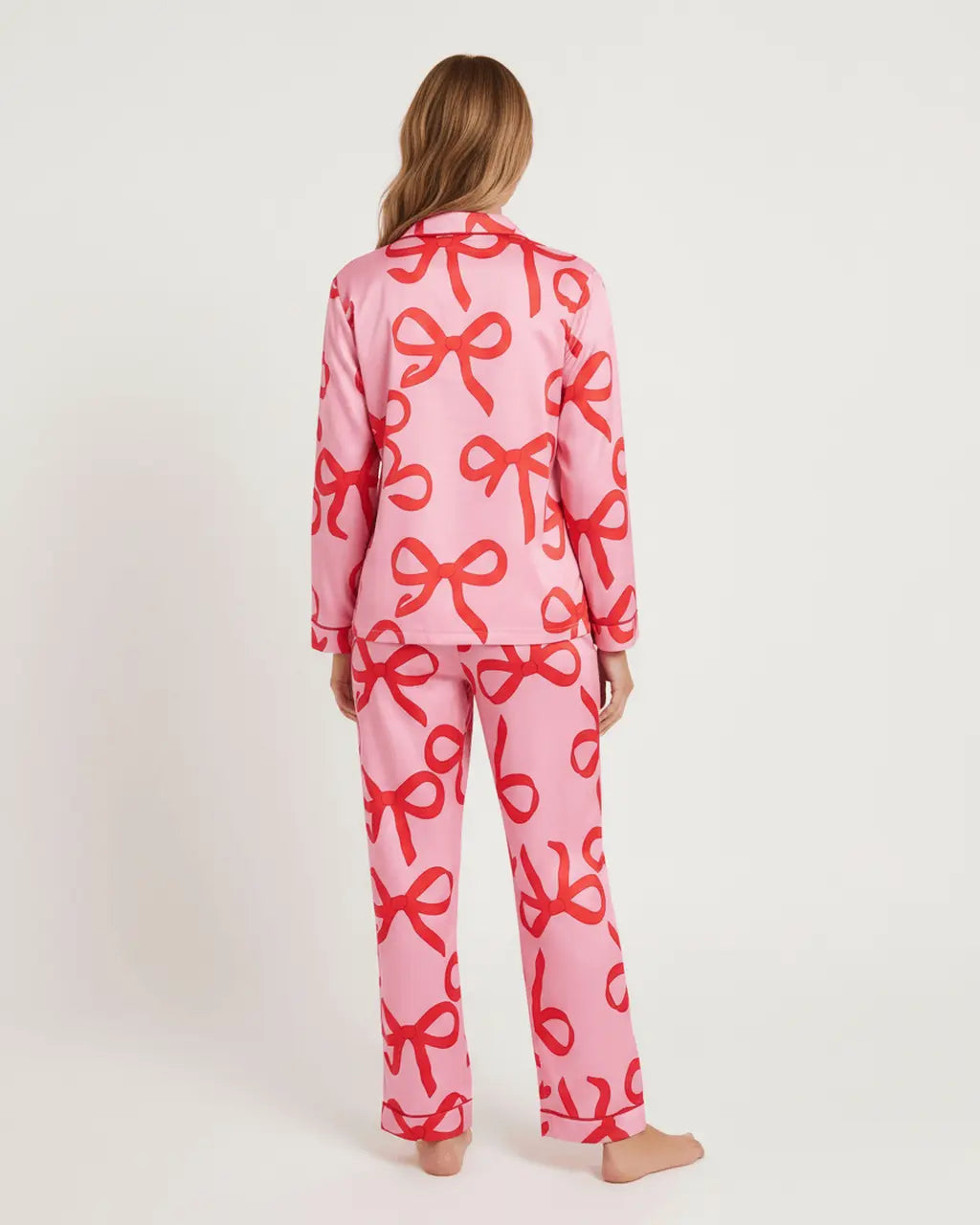 Pink Bow Print Button Up Pajama Set OMFORT