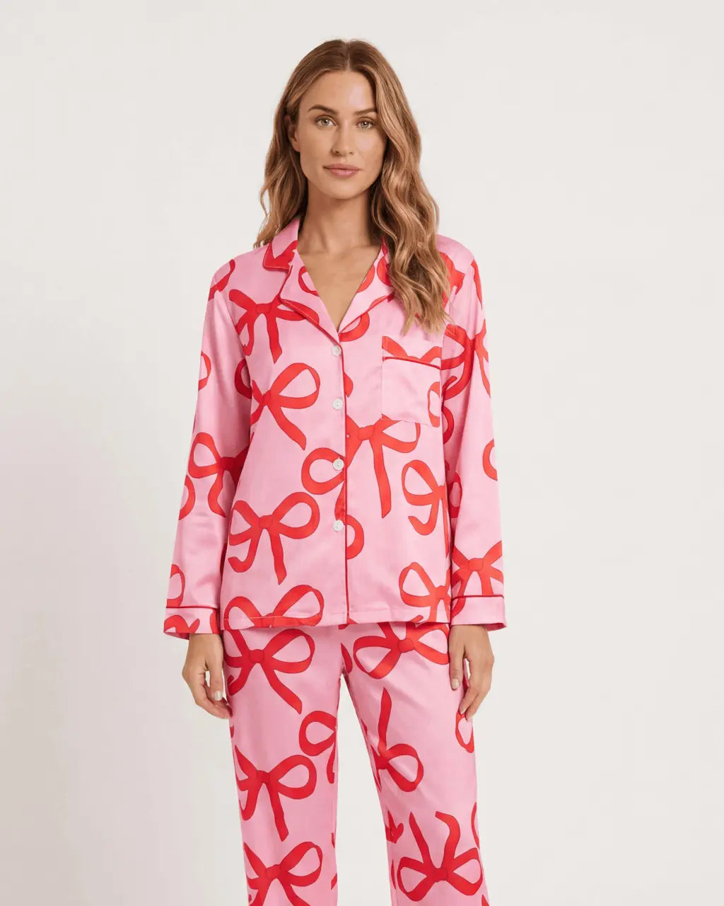 Pink Bow Print Button Up Pajama Set OMFORT
