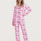 Pink Bow Print Long Sleeve Button Up Pajama Set OMFORT