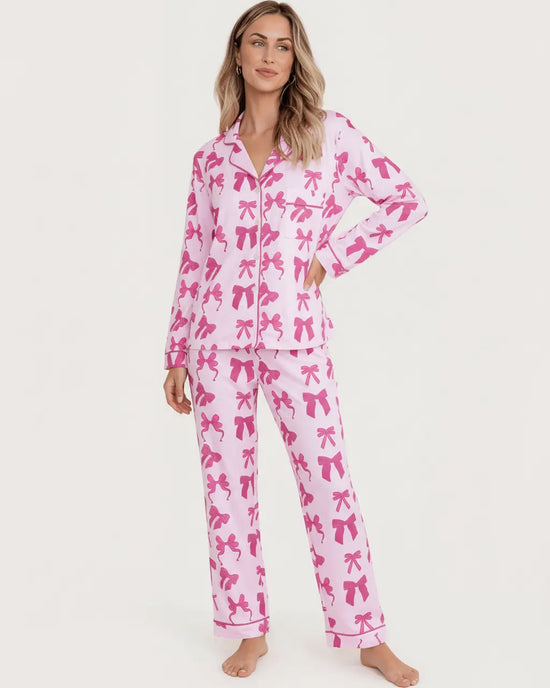 Pink Bow Print Long Sleeve Button Up Pajama Set OMFORT