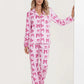 Pink Bow Print Long Sleeve Button Up Pajama Set OMFORT