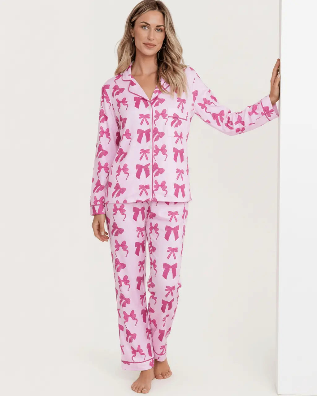 Pink Bow Print Long Sleeve Button Up Pajama Set OMFORT