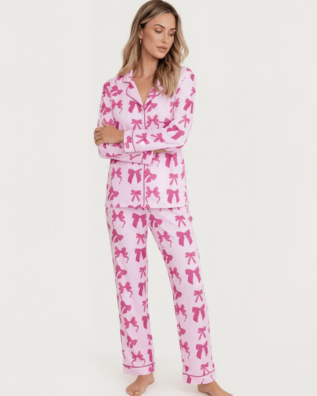 Pink Bow Print Long Sleeve Button Up Pajama Set OMFORT